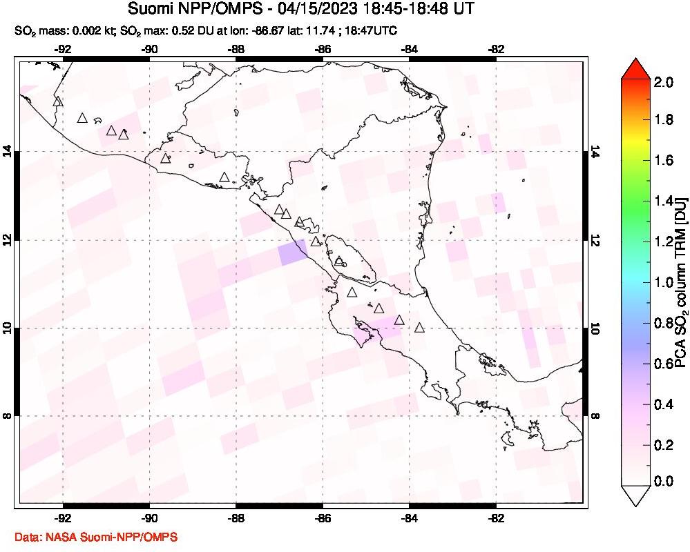 A sulfur dioxide image over Central America on Apr 15, 2023.
