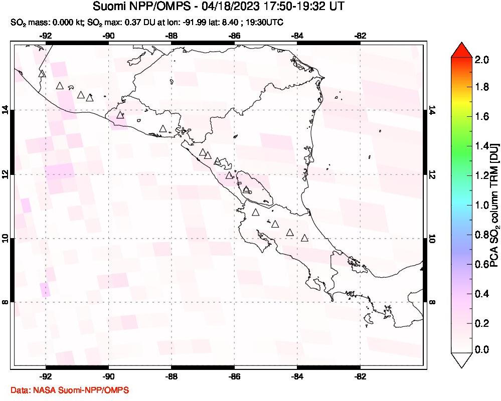 A sulfur dioxide image over Central America on Apr 18, 2023.