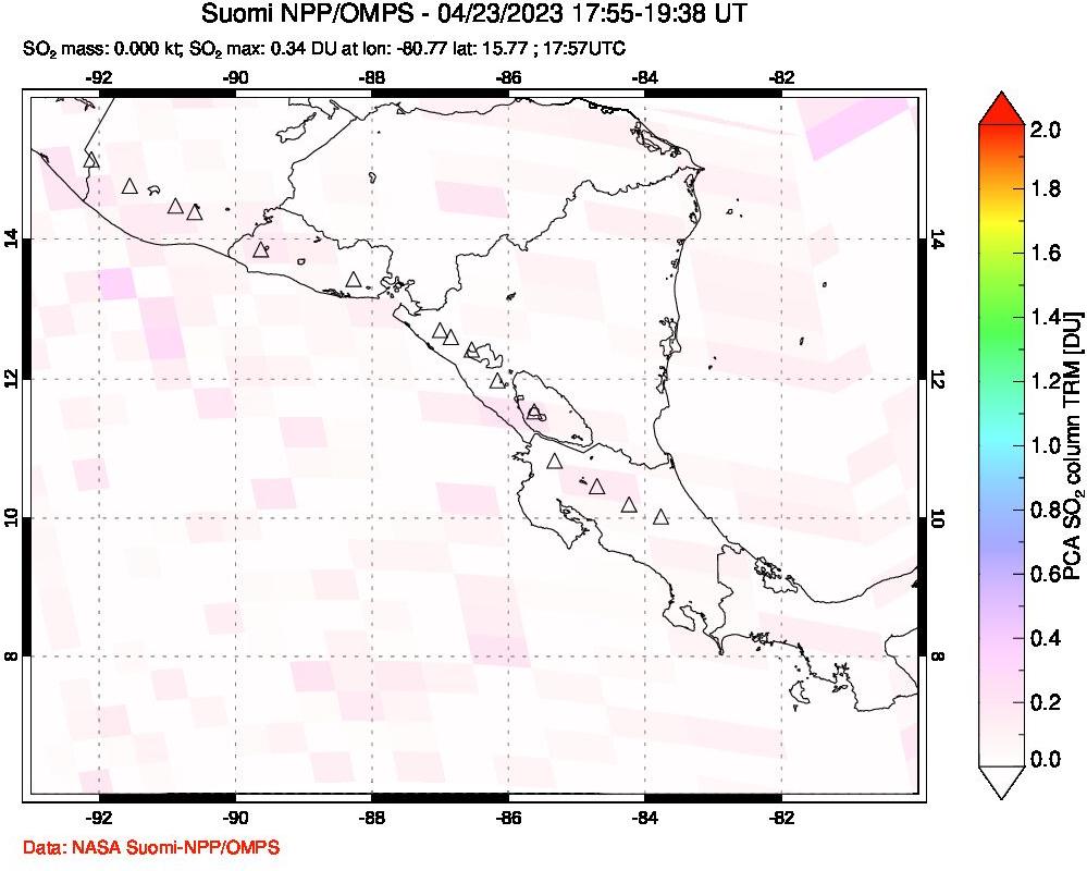 A sulfur dioxide image over Central America on Apr 23, 2023.