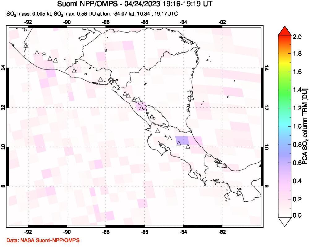 A sulfur dioxide image over Central America on Apr 24, 2023.