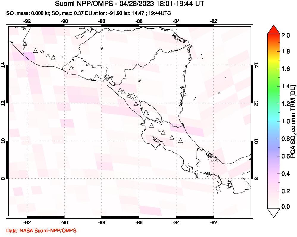 A sulfur dioxide image over Central America on Apr 28, 2023.
