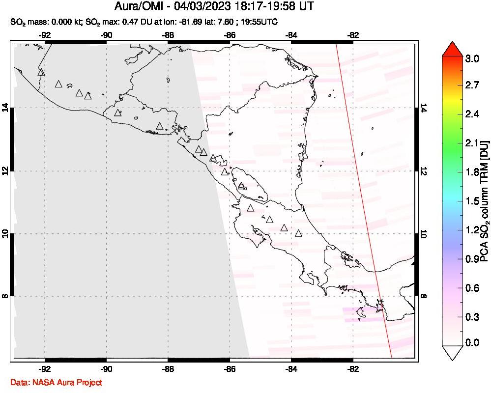 A sulfur dioxide image over Central America on Apr 03, 2023.