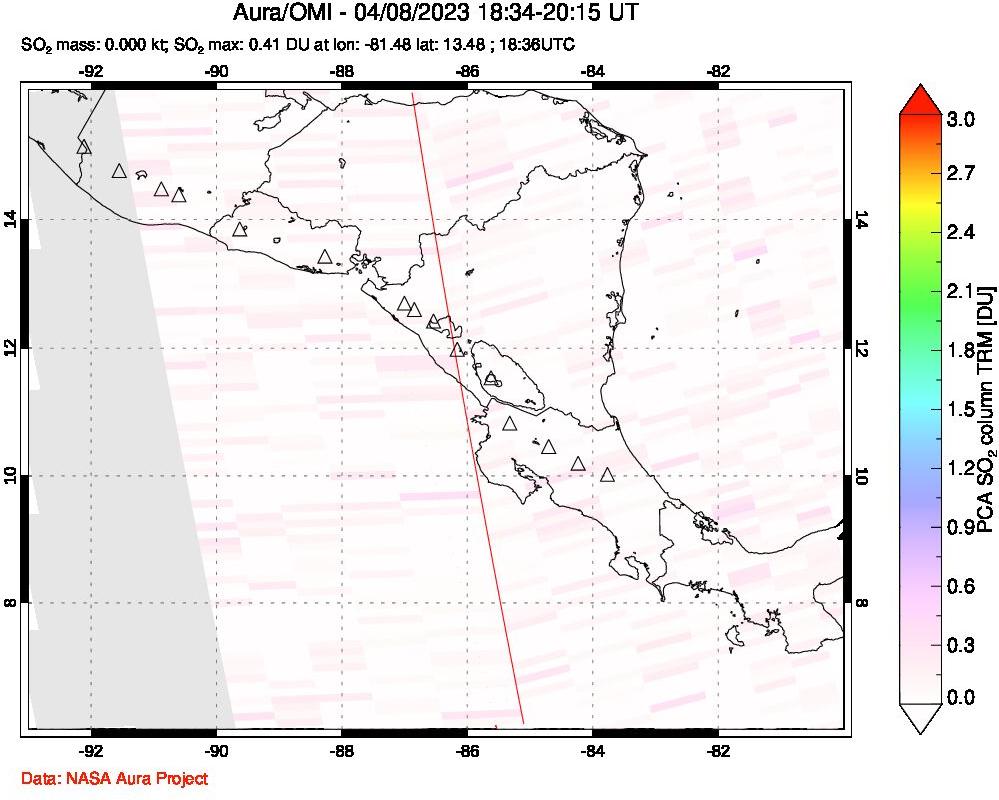 A sulfur dioxide image over Central America on Apr 08, 2023.