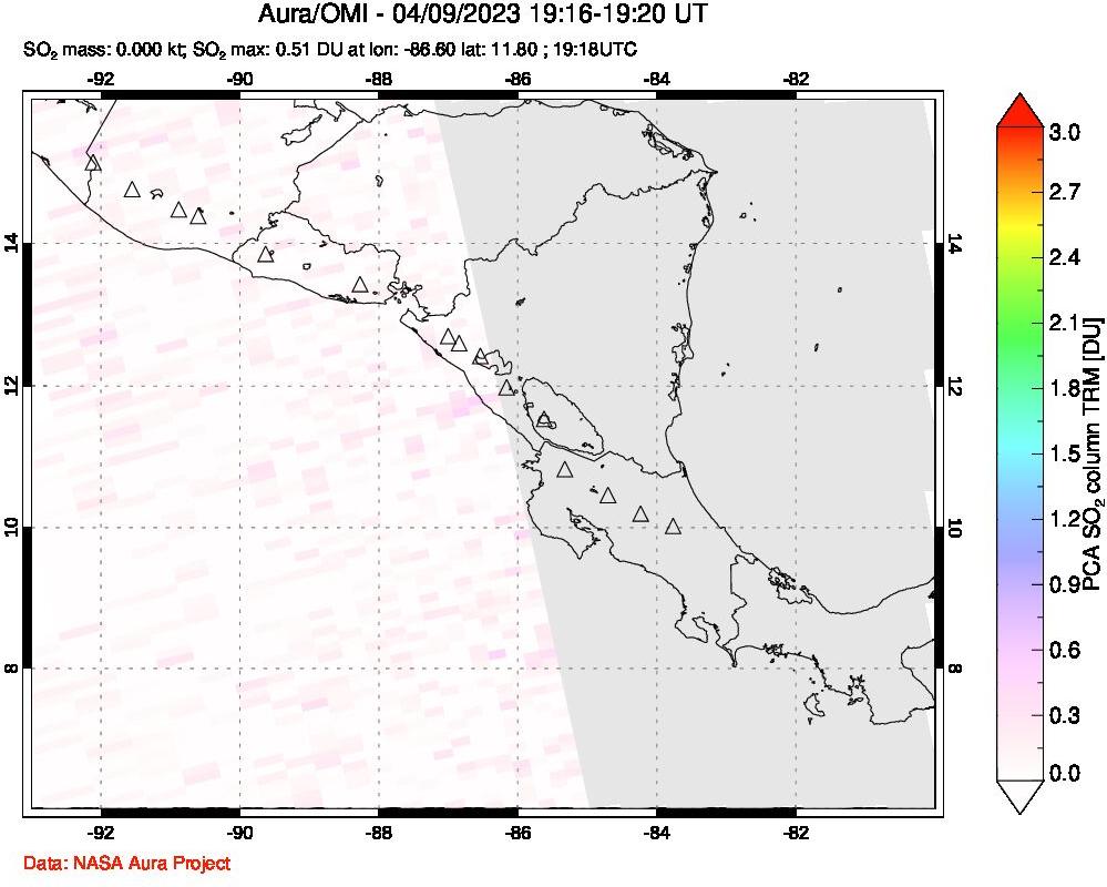 A sulfur dioxide image over Central America on Apr 09, 2023.