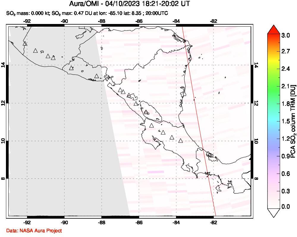 A sulfur dioxide image over Central America on Apr 10, 2023.