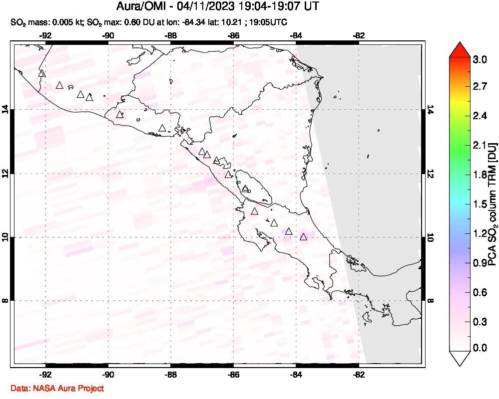 A sulfur dioxide image over Central America on Apr 11, 2023.