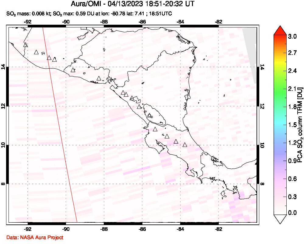 A sulfur dioxide image over Central America on Apr 13, 2023.