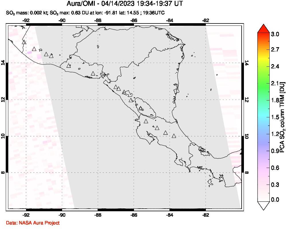 A sulfur dioxide image over Central America on Apr 14, 2023.