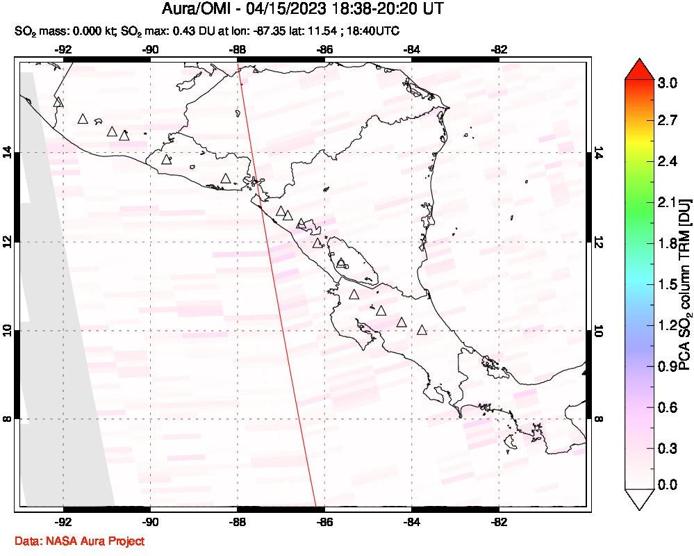 A sulfur dioxide image over Central America on Apr 15, 2023.