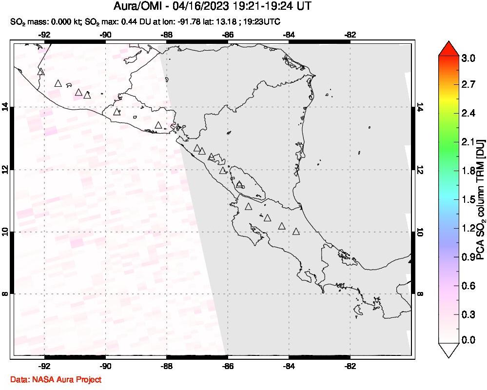 A sulfur dioxide image over Central America on Apr 16, 2023.