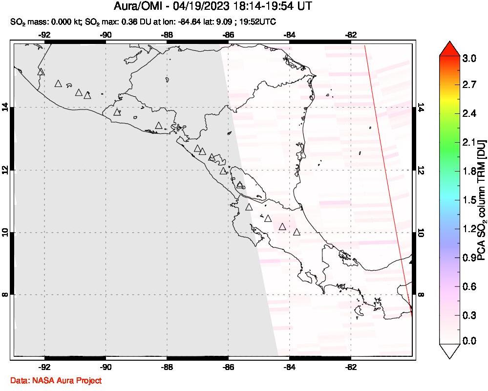 A sulfur dioxide image over Central America on Apr 19, 2023.