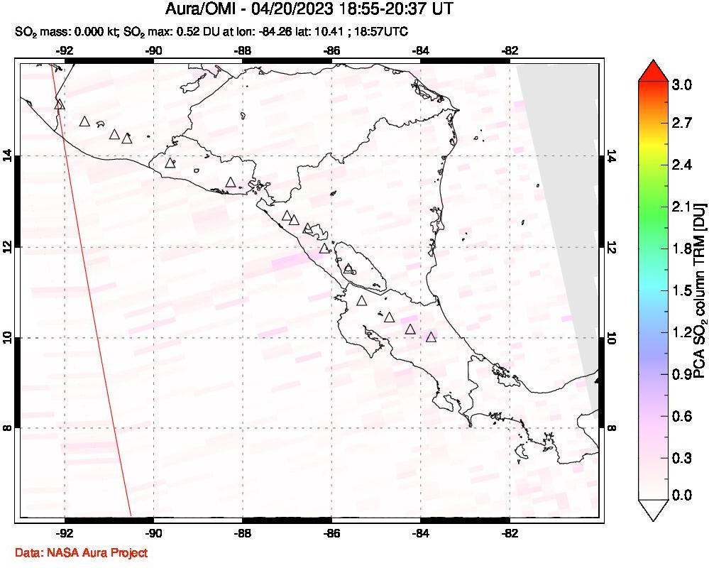 A sulfur dioxide image over Central America on Apr 20, 2023.