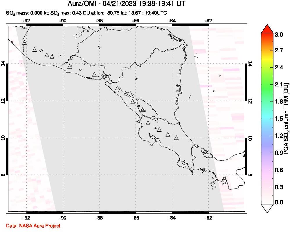 A sulfur dioxide image over Central America on Apr 21, 2023.