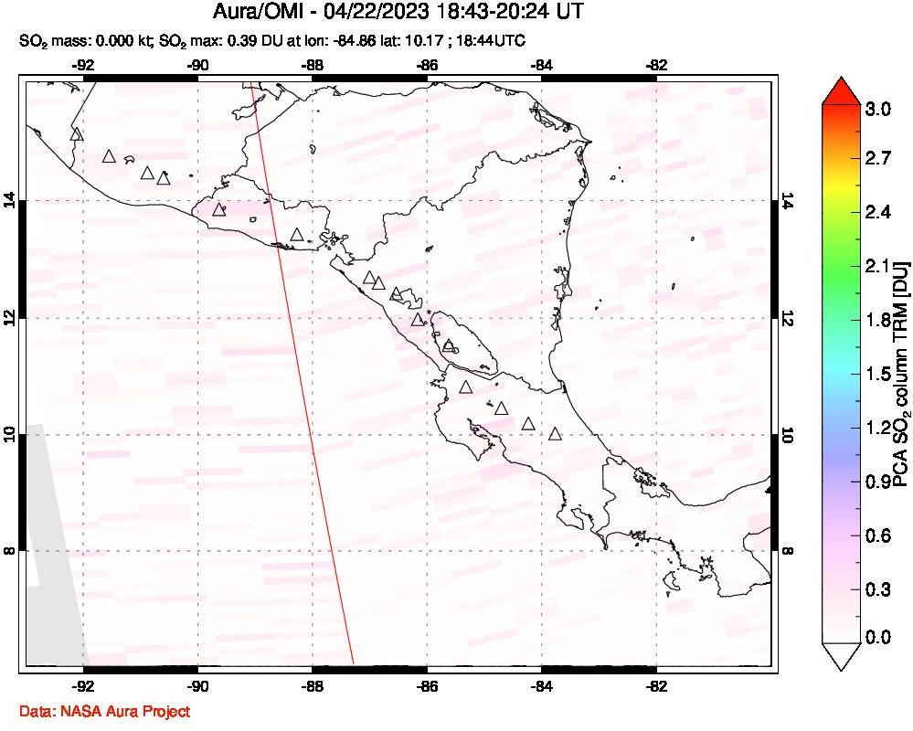 A sulfur dioxide image over Central America on Apr 22, 2023.