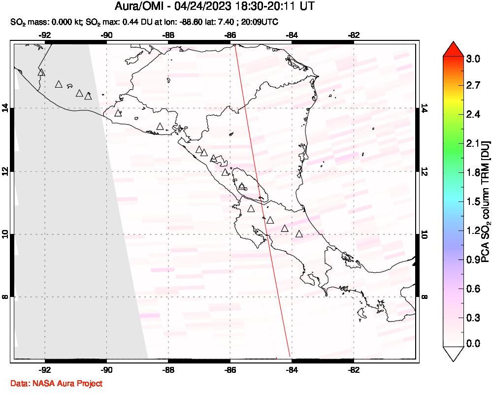 A sulfur dioxide image over Central America on Apr 24, 2023.