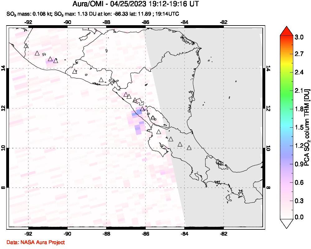 A sulfur dioxide image over Central America on Apr 25, 2023.