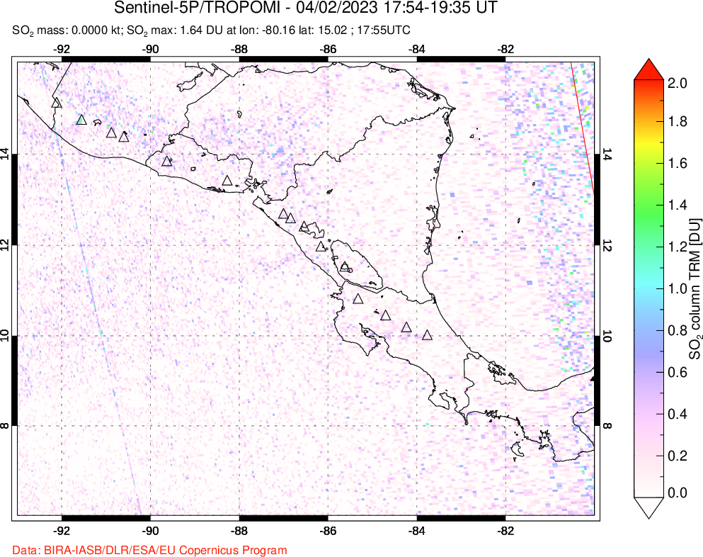 A sulfur dioxide image over Central America on Apr 02, 2023.
