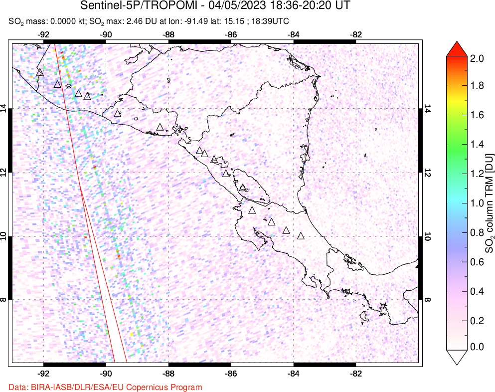 A sulfur dioxide image over Central America on Apr 05, 2023.