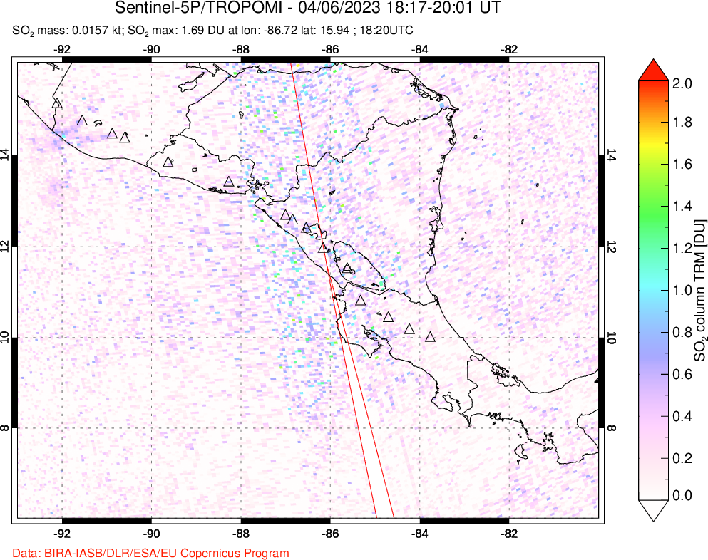 A sulfur dioxide image over Central America on Apr 06, 2023.