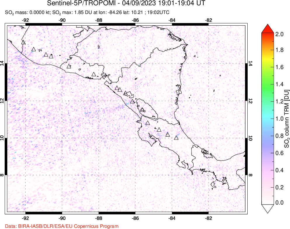 A sulfur dioxide image over Central America on Apr 09, 2023.
