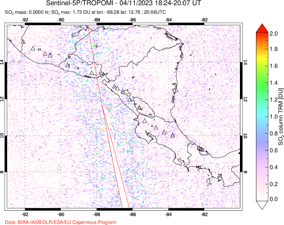 A sulfur dioxide image over Central America on Apr 11, 2023.