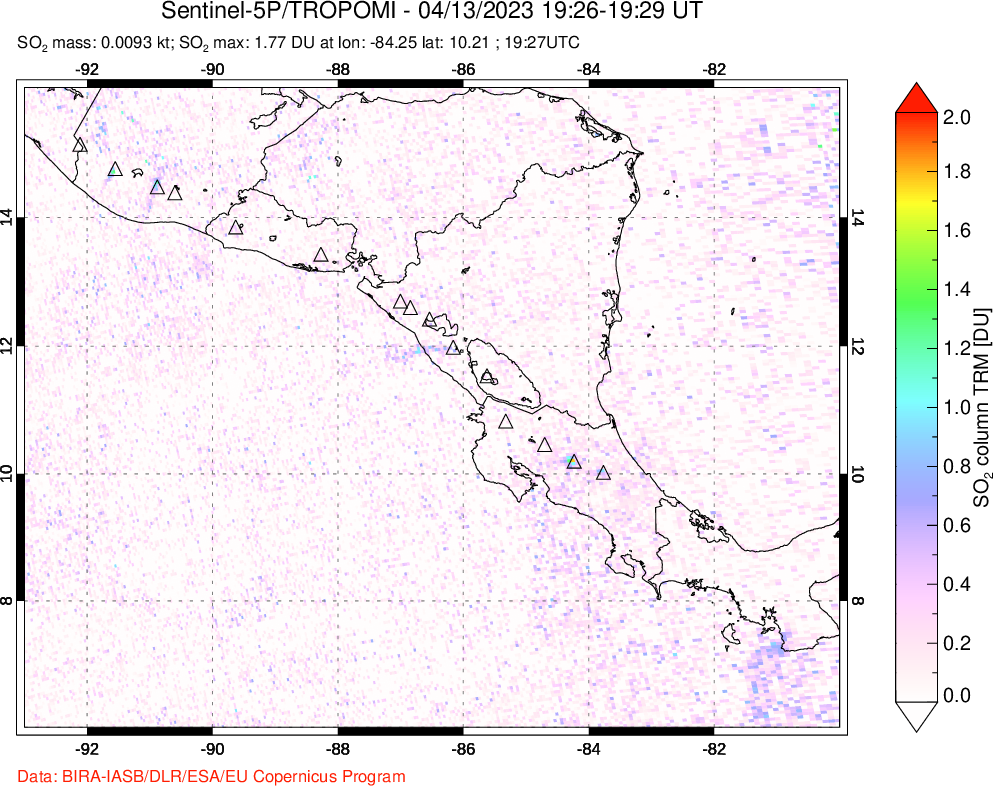 A sulfur dioxide image over Central America on Apr 13, 2023.