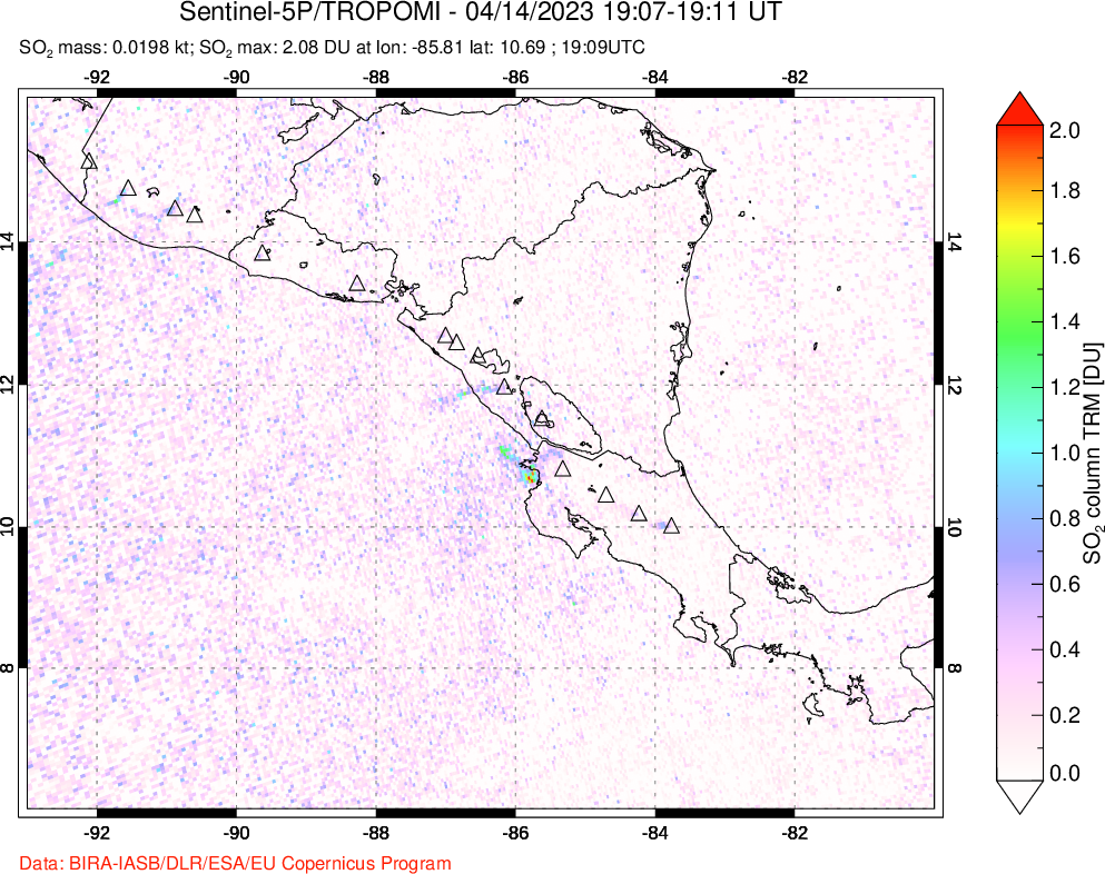 A sulfur dioxide image over Central America on Apr 14, 2023.