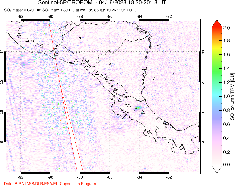 A sulfur dioxide image over Central America on Apr 16, 2023.