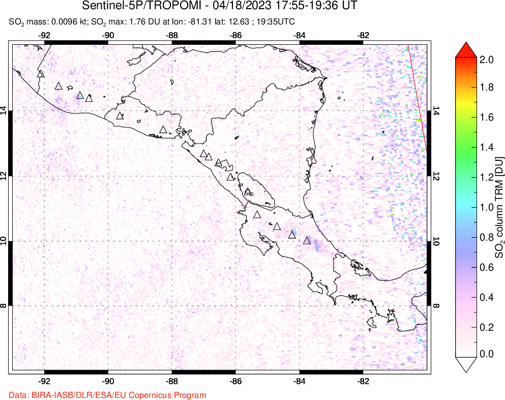 A sulfur dioxide image over Central America on Apr 18, 2023.