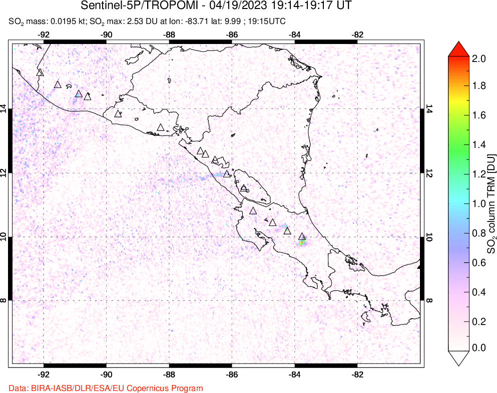 A sulfur dioxide image over Central America on Apr 19, 2023.