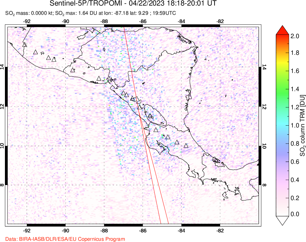 A sulfur dioxide image over Central America on Apr 22, 2023.