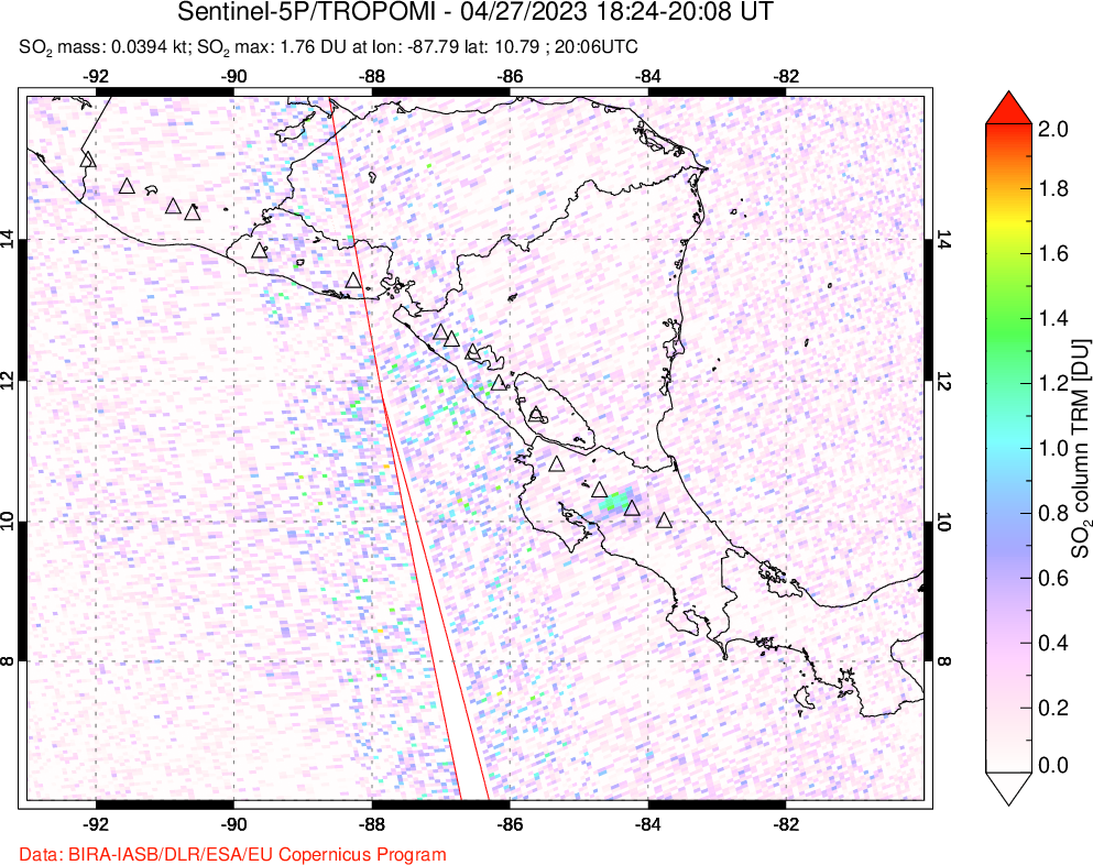 A sulfur dioxide image over Central America on Apr 27, 2023.