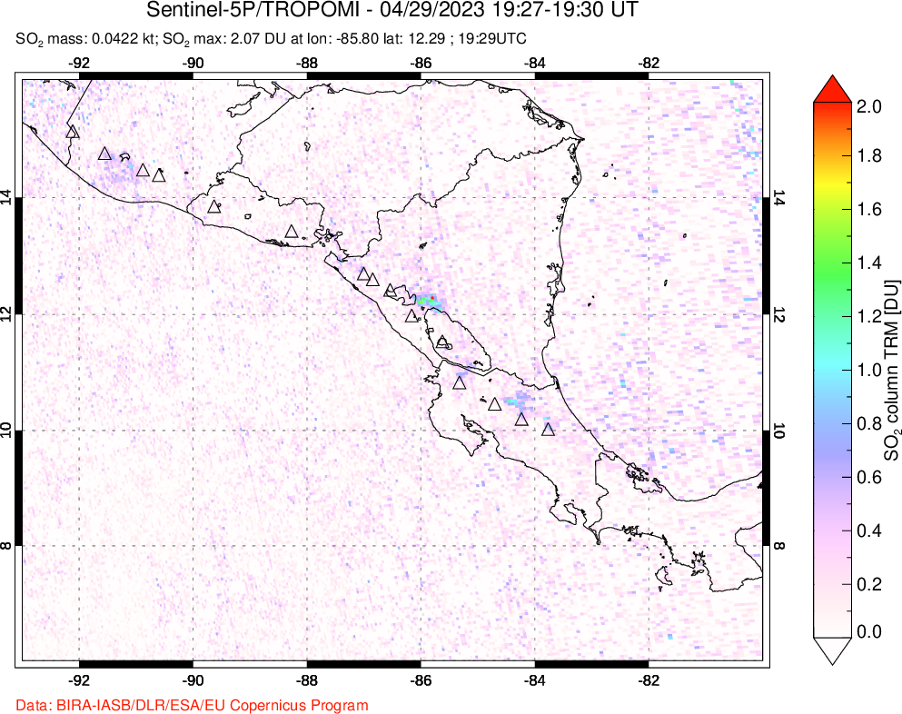 A sulfur dioxide image over Central America on Apr 29, 2023.