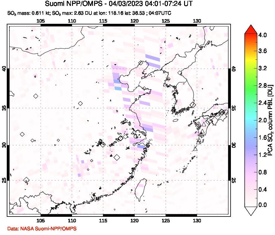 A sulfur dioxide image over Eastern China on Apr 03, 2023.