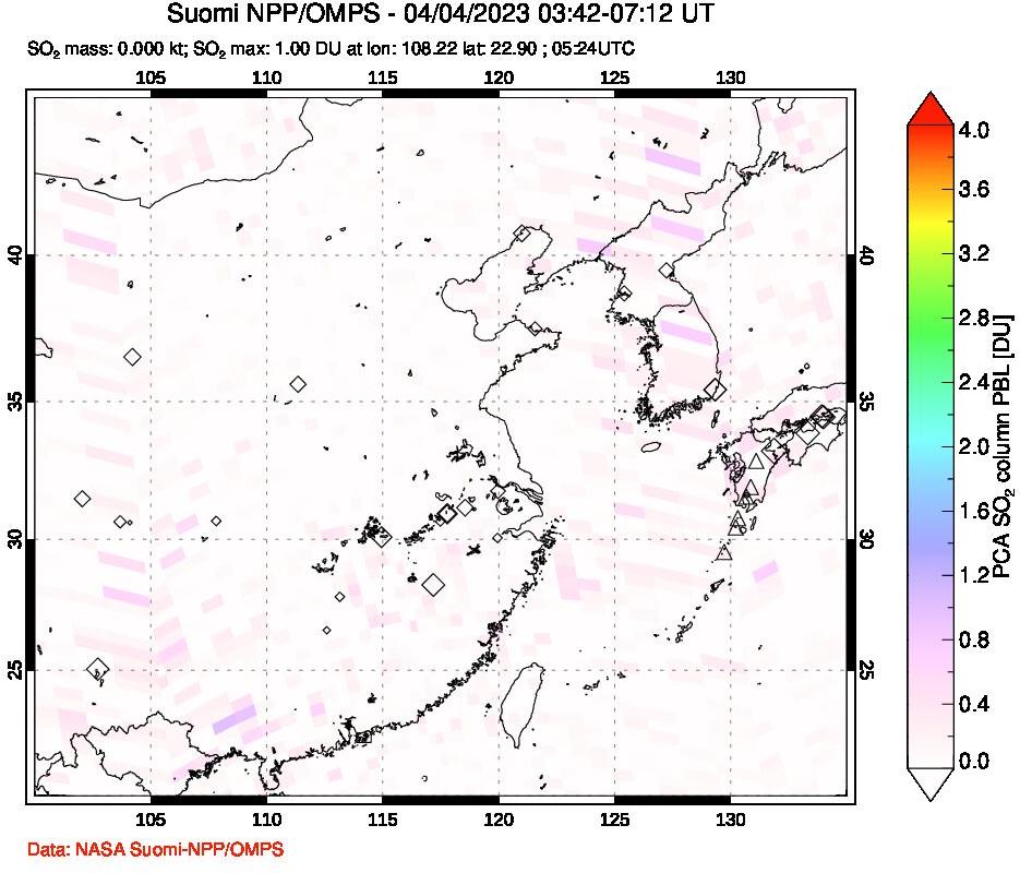 A sulfur dioxide image over Eastern China on Apr 04, 2023.