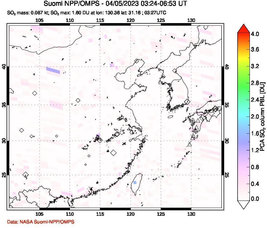A sulfur dioxide image over Eastern China on Apr 05, 2023.