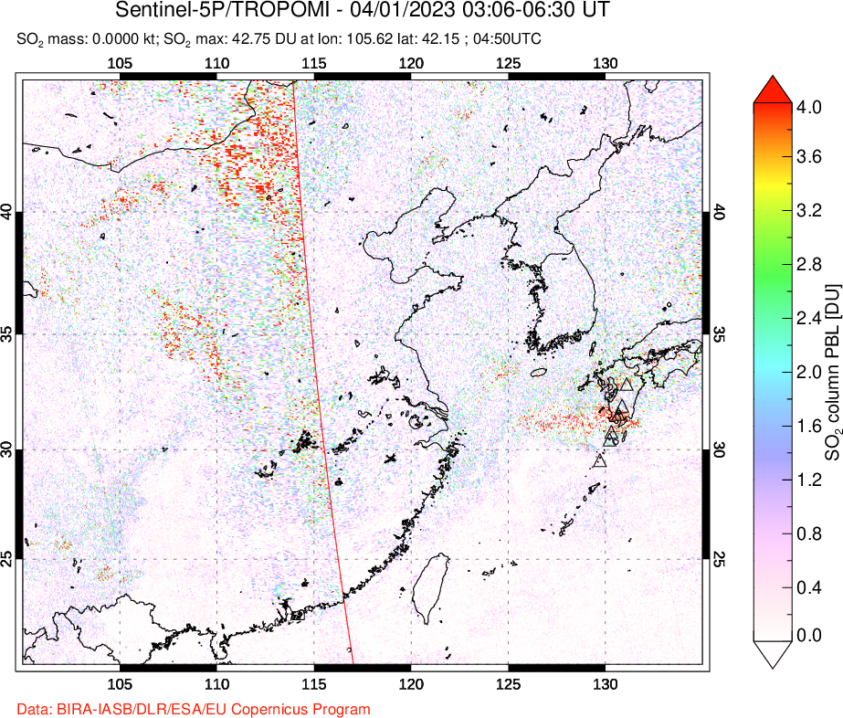A sulfur dioxide image over Eastern China on Apr 01, 2023.