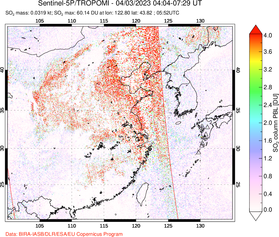 A sulfur dioxide image over Eastern China on Apr 03, 2023.