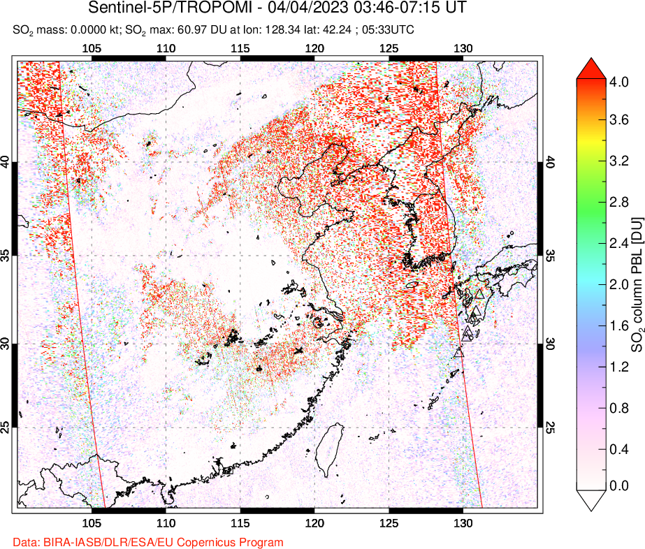 A sulfur dioxide image over Eastern China on Apr 04, 2023.