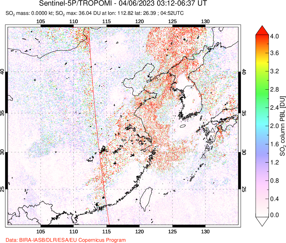A sulfur dioxide image over Eastern China on Apr 06, 2023.
