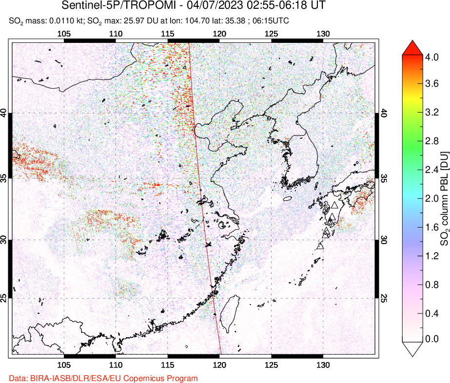 A sulfur dioxide image over Eastern China on Apr 07, 2023.