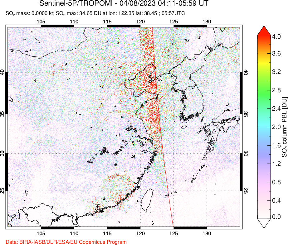 A sulfur dioxide image over Eastern China on Apr 08, 2023.