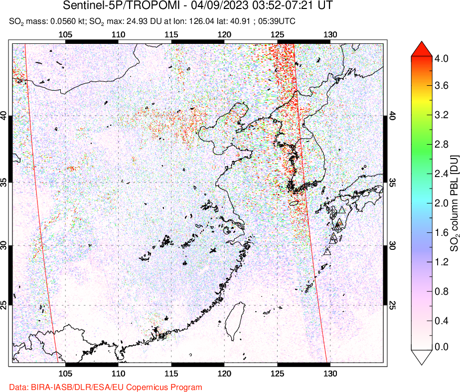 A sulfur dioxide image over Eastern China on Apr 09, 2023.