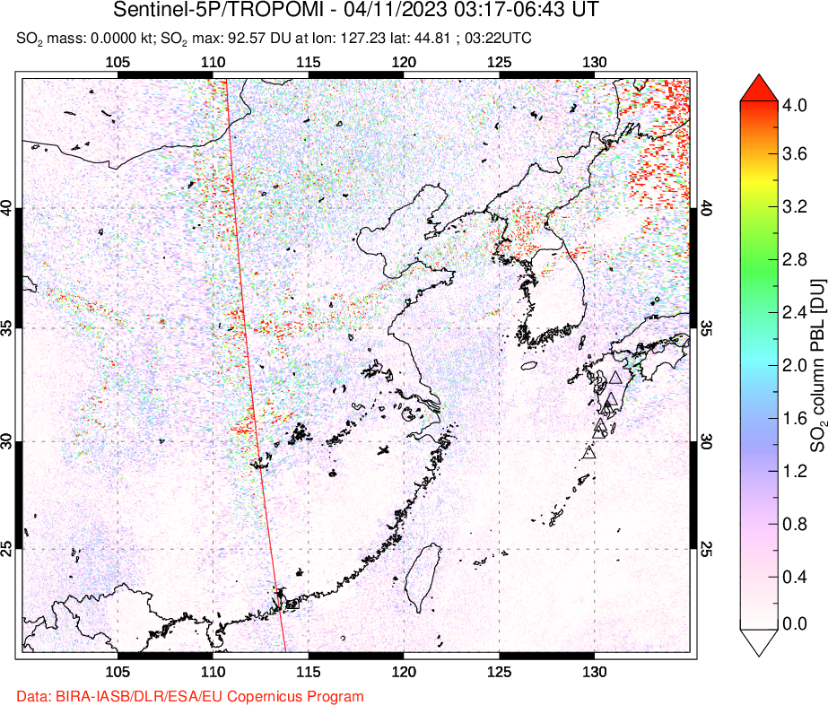 A sulfur dioxide image over Eastern China on Apr 11, 2023.