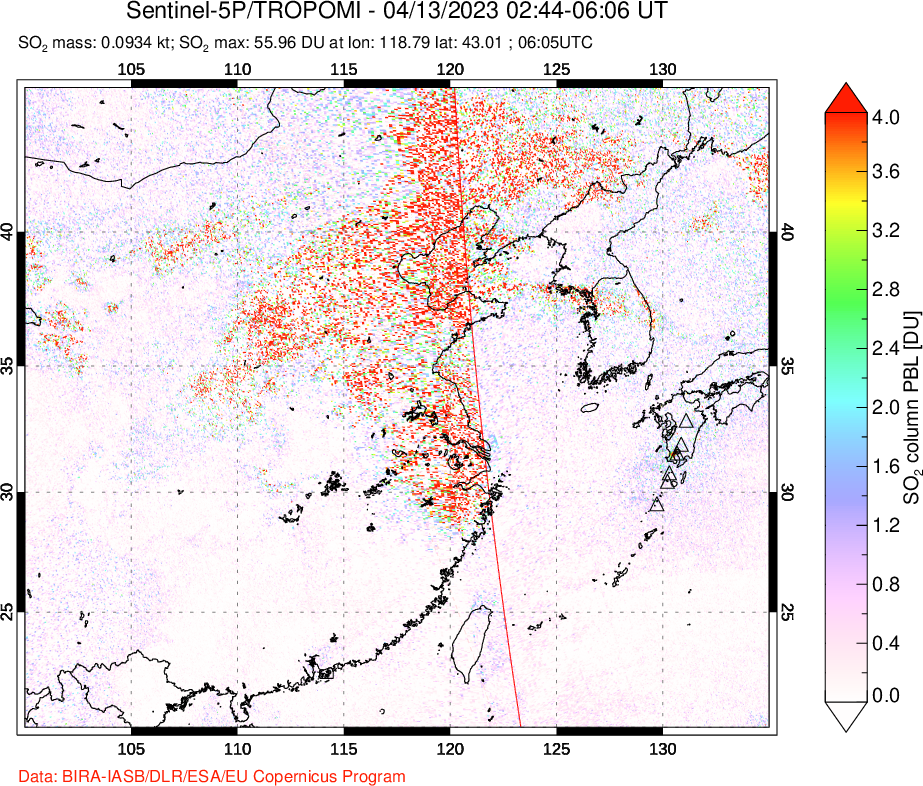 A sulfur dioxide image over Eastern China on Apr 13, 2023.