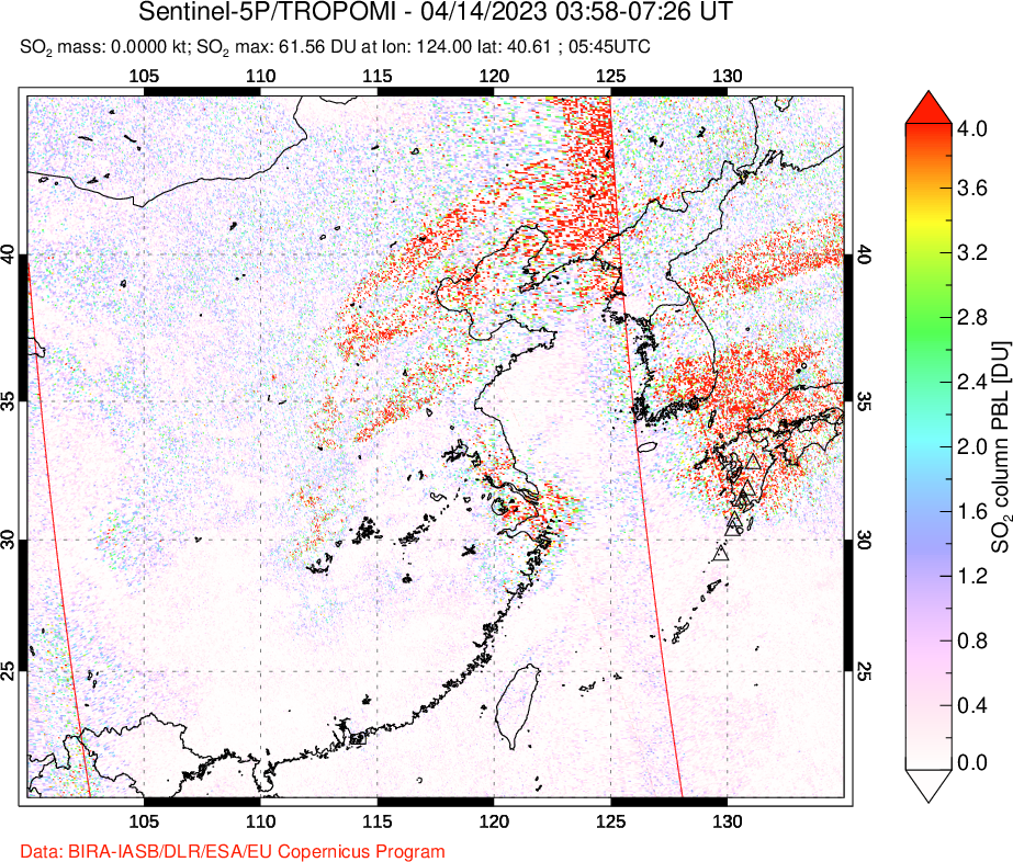 A sulfur dioxide image over Eastern China on Apr 14, 2023.