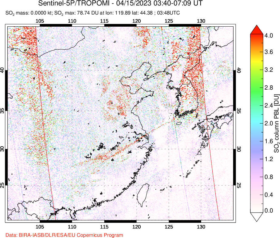 A sulfur dioxide image over Eastern China on Apr 15, 2023.