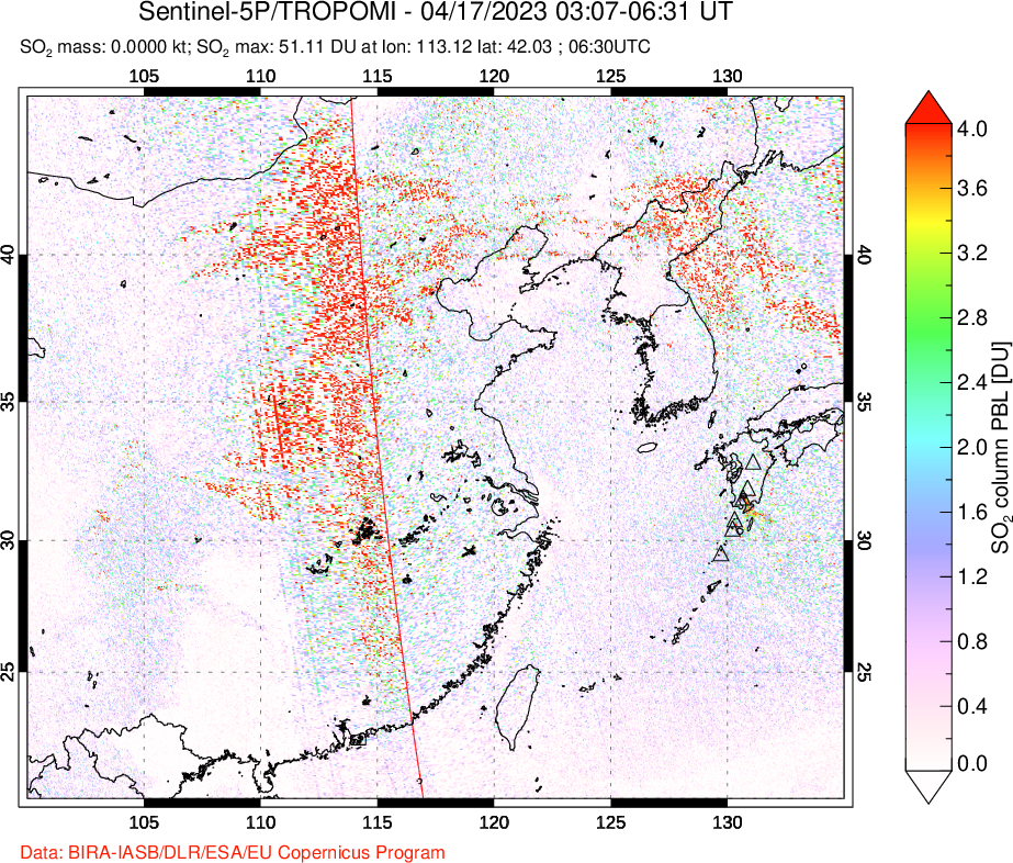 A sulfur dioxide image over Eastern China on Apr 17, 2023.
