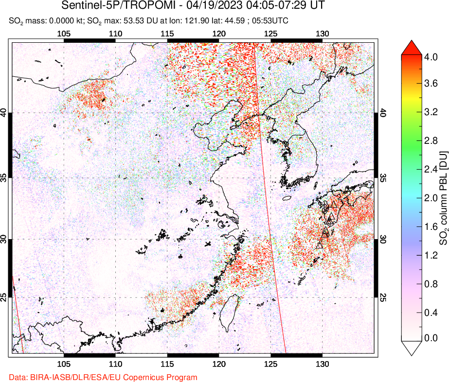 A sulfur dioxide image over Eastern China on Apr 19, 2023.
