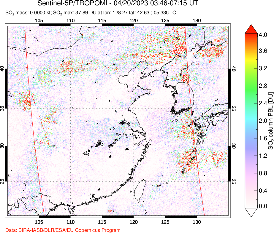 A sulfur dioxide image over Eastern China on Apr 20, 2023.